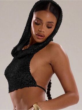 Black Sequin Hooded Crop Top